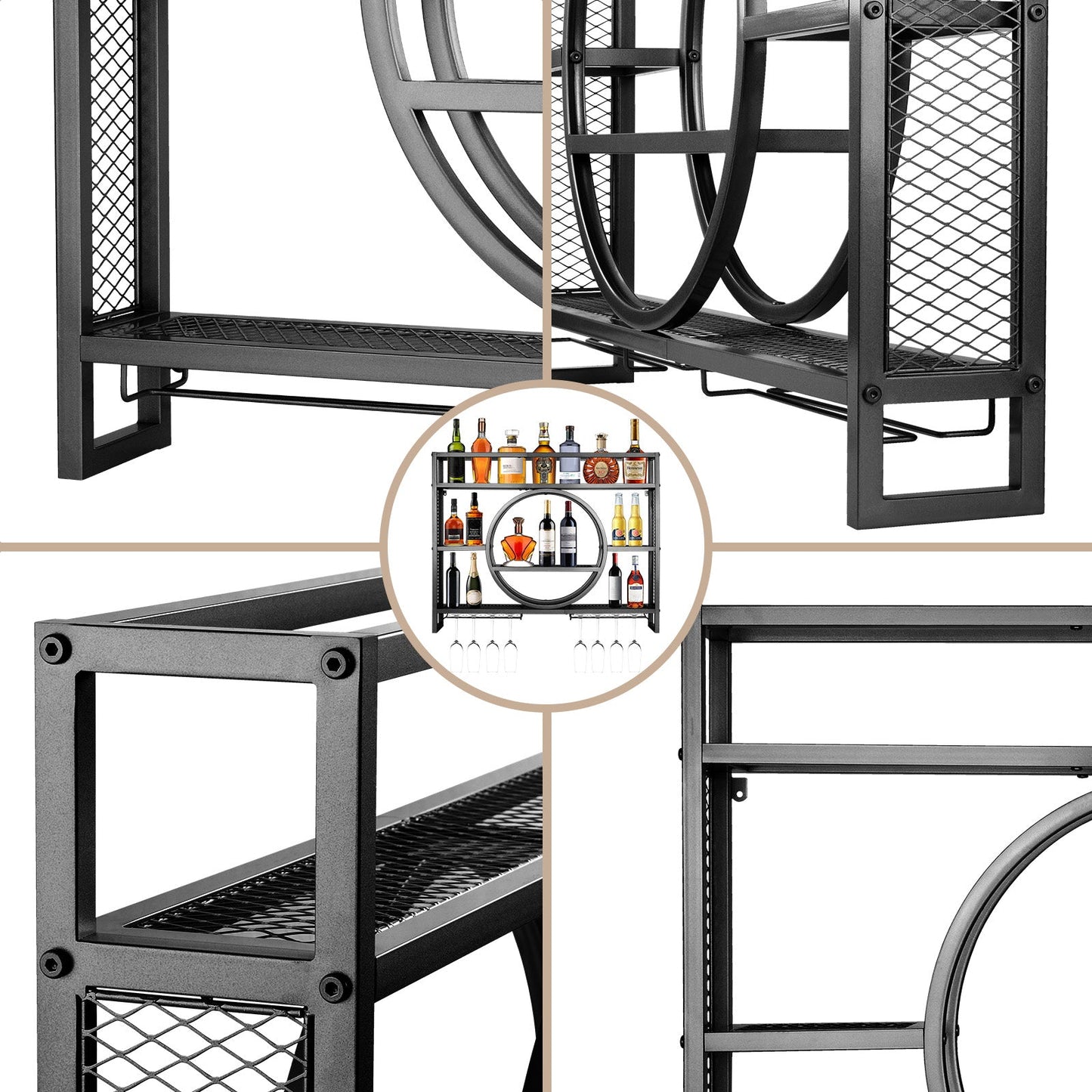Luxus Schwarz Metall Weinregal| Wandmontage mit Glasaufhängung – Barregal für Küche & Wohnzimmer