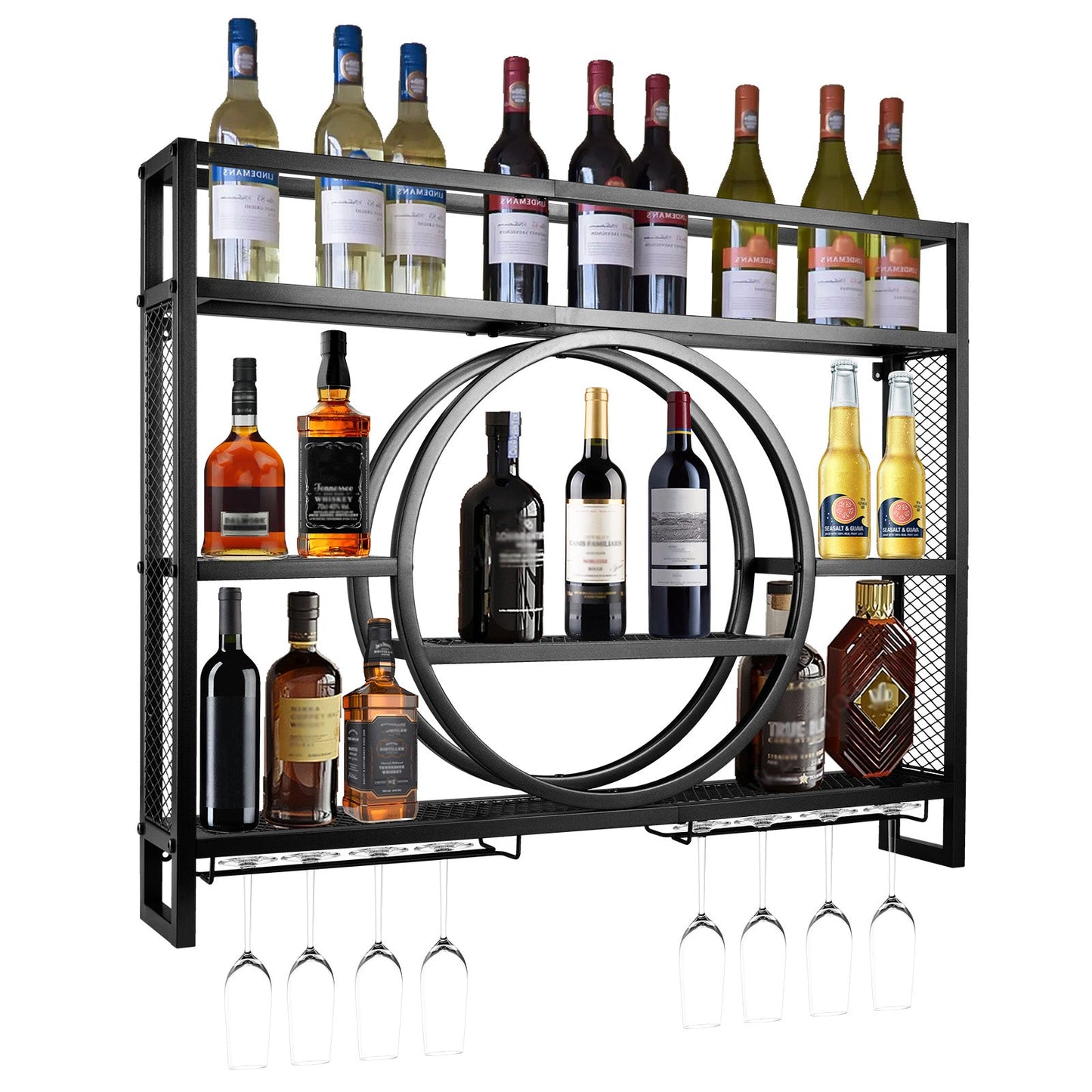 Luxus Schwarz Metall Weinregal| Wandmontage mit Glasaufhängung – Barregal für Küche & Wohnzimmer