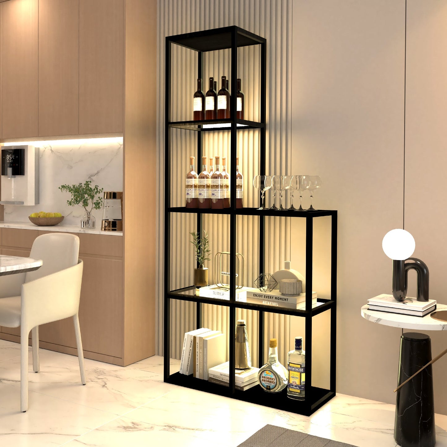Massivholz Regal mit LED Beleuchtung – Zwei gehärtete Glasablagen, dimmbar, platzsparend, modern für Wohnzimmer oder Büro