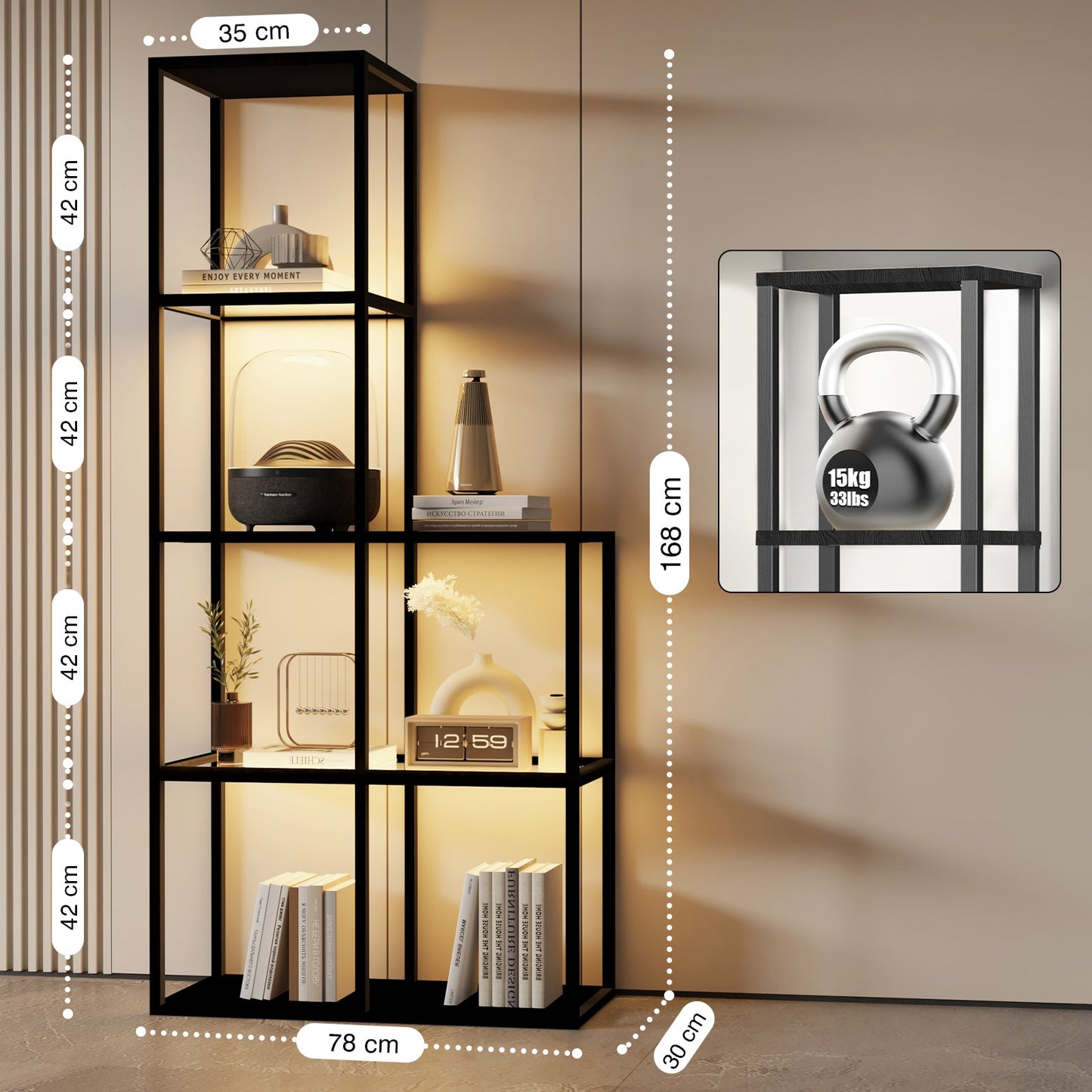 Massivholz Regal mit LED Beleuchtung – Zwei gehärtete Glasablagen, dimmbar, platzsparend, modern für Wohnzimmer oder Büro