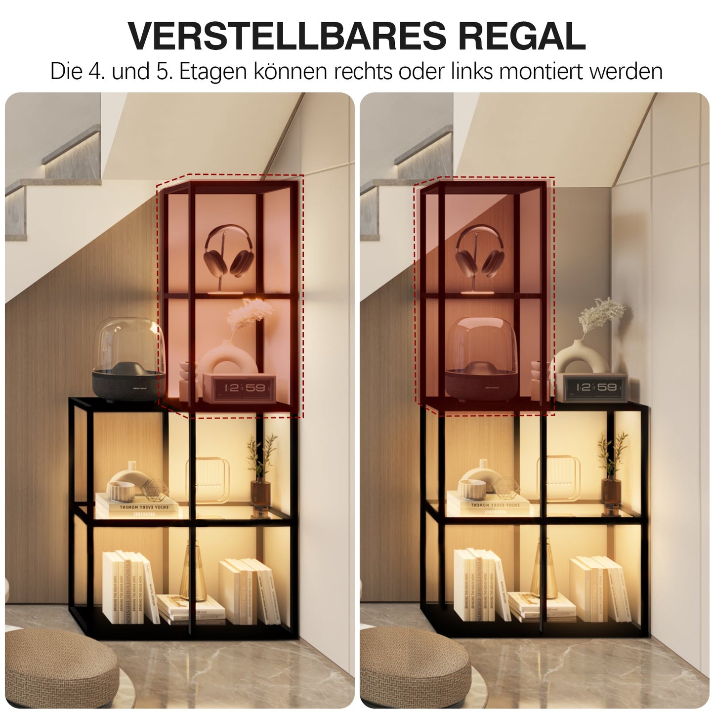 Massivholz Regal mit LED Beleuchtung – Zwei gehärtete Glasablagen, dimmbar, platzsparend, modern für Wohnzimmer oder Büro