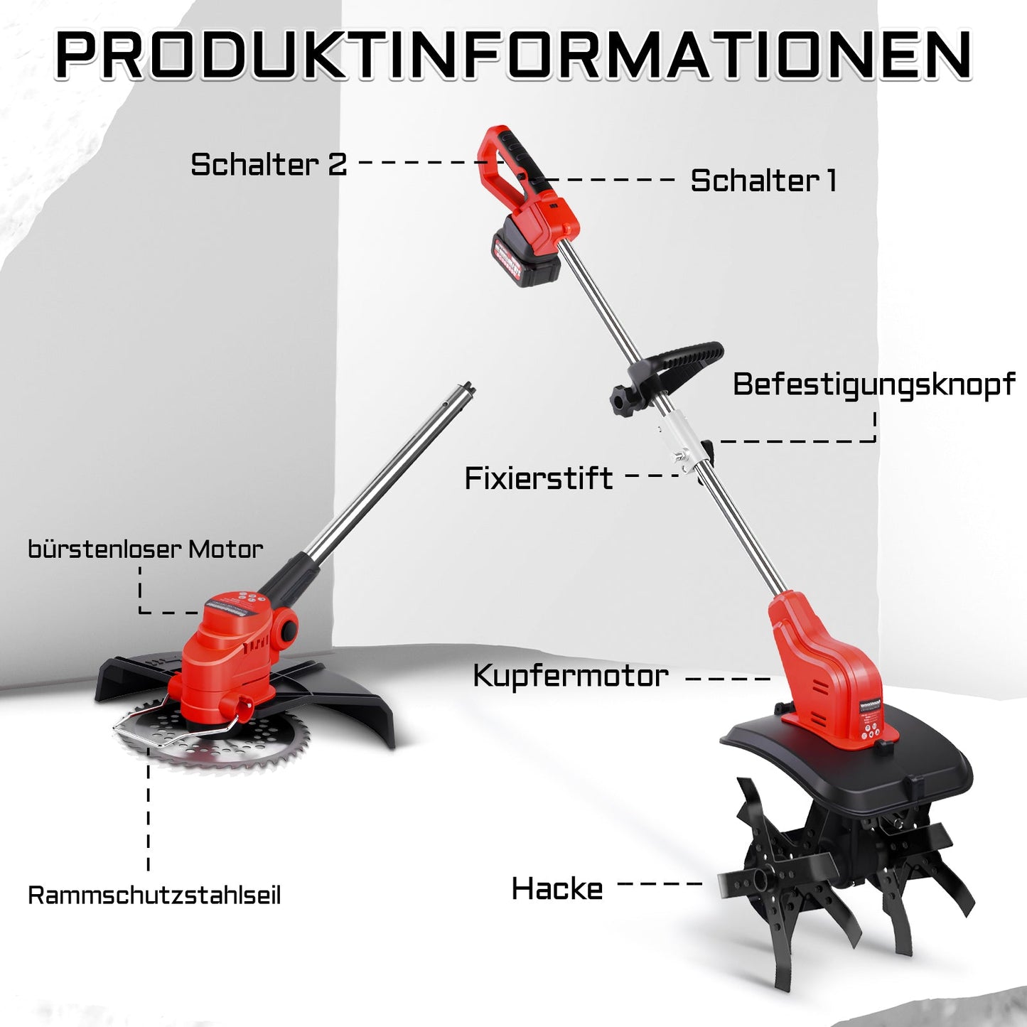 Multifunktionales Gartenwerkzeug – Bodenhacke & Rasentrimmer 980W/800W, 5 - in - 1 Zubehör, Akku 21V, Leicht & Vielseitig für Gartenpflege