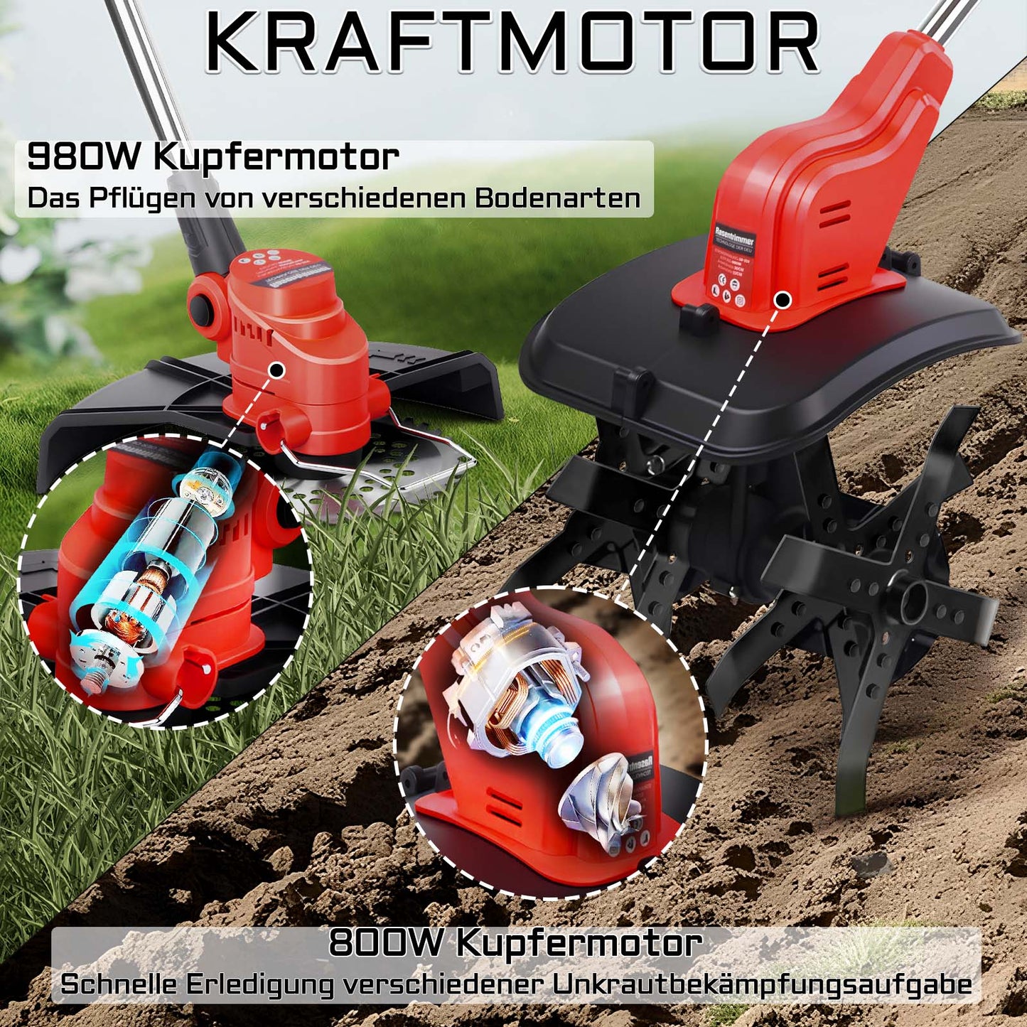Multifunktionales Gartenwerkzeug – Bodenhacke & Rasentrimmer 980W/800W, 5 - in - 1 Zubehör, Akku 21V, Leicht & Vielseitig für Gartenpflege