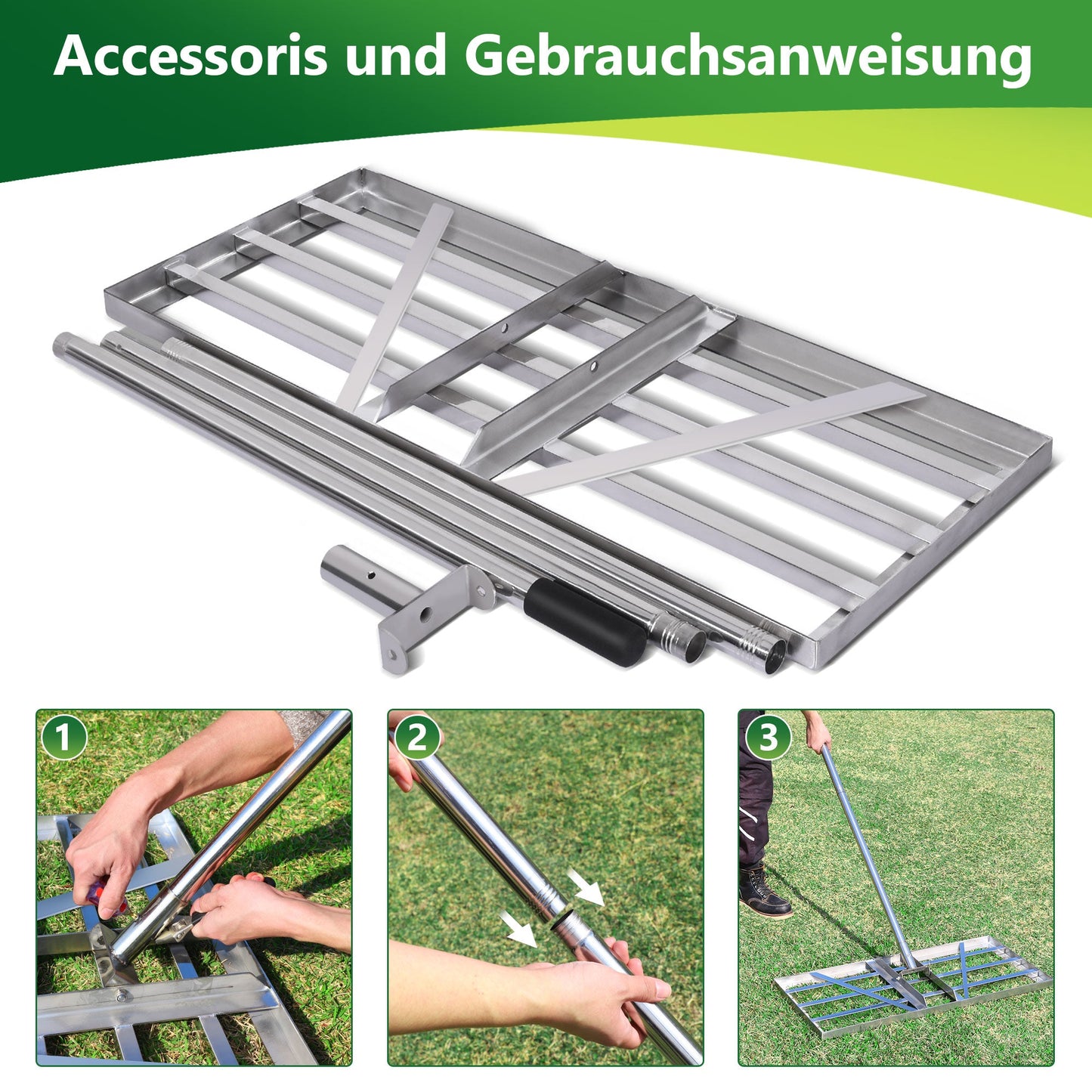 Rasenrakel Edelstahl 85cm – höhenverstellbar 134–200 cm, rostfrei & bis 80 kg belastbar – für Garten, Rasen & Golfplatz