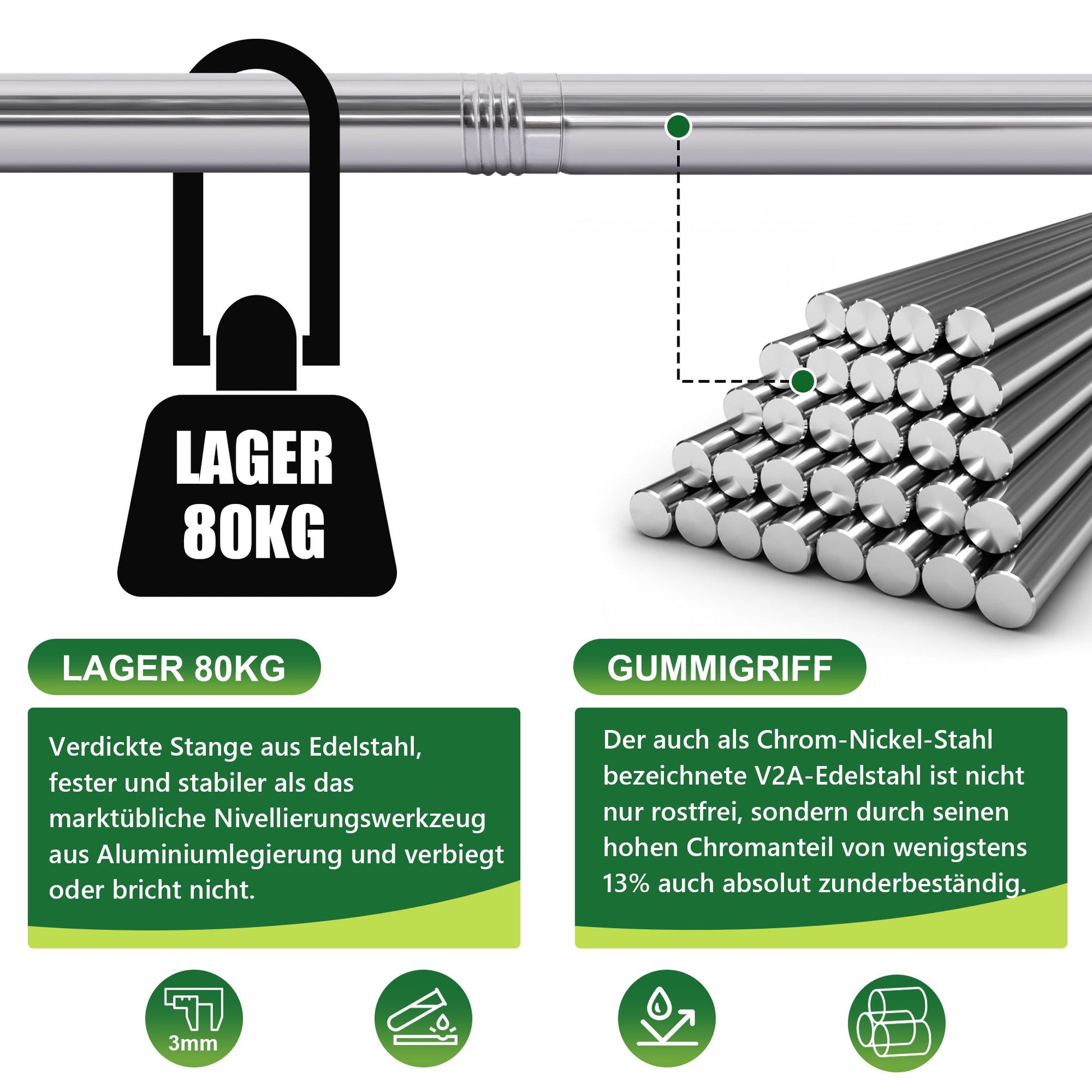 Rasenrakel Edelstahl 85cm – höhenverstellbar 134–200 cm, rostfrei & bis 80 kg belastbar – für Garten, Rasen & Golfplatz