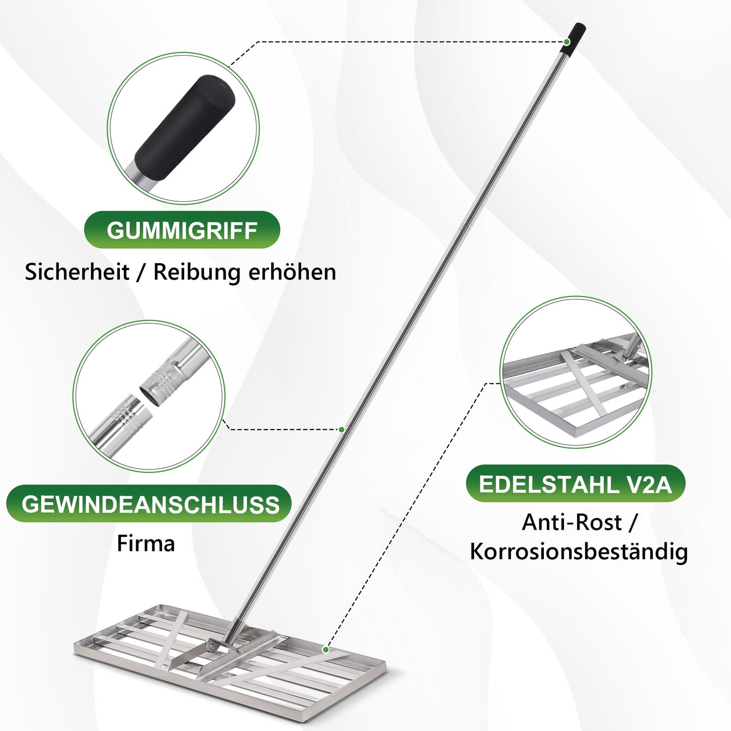 Rasenrakel Edelstahl 85cm – höhenverstellbar 134–200 cm, rostfrei & bis 80 kg belastbar – für Garten, Rasen & Golfplatz