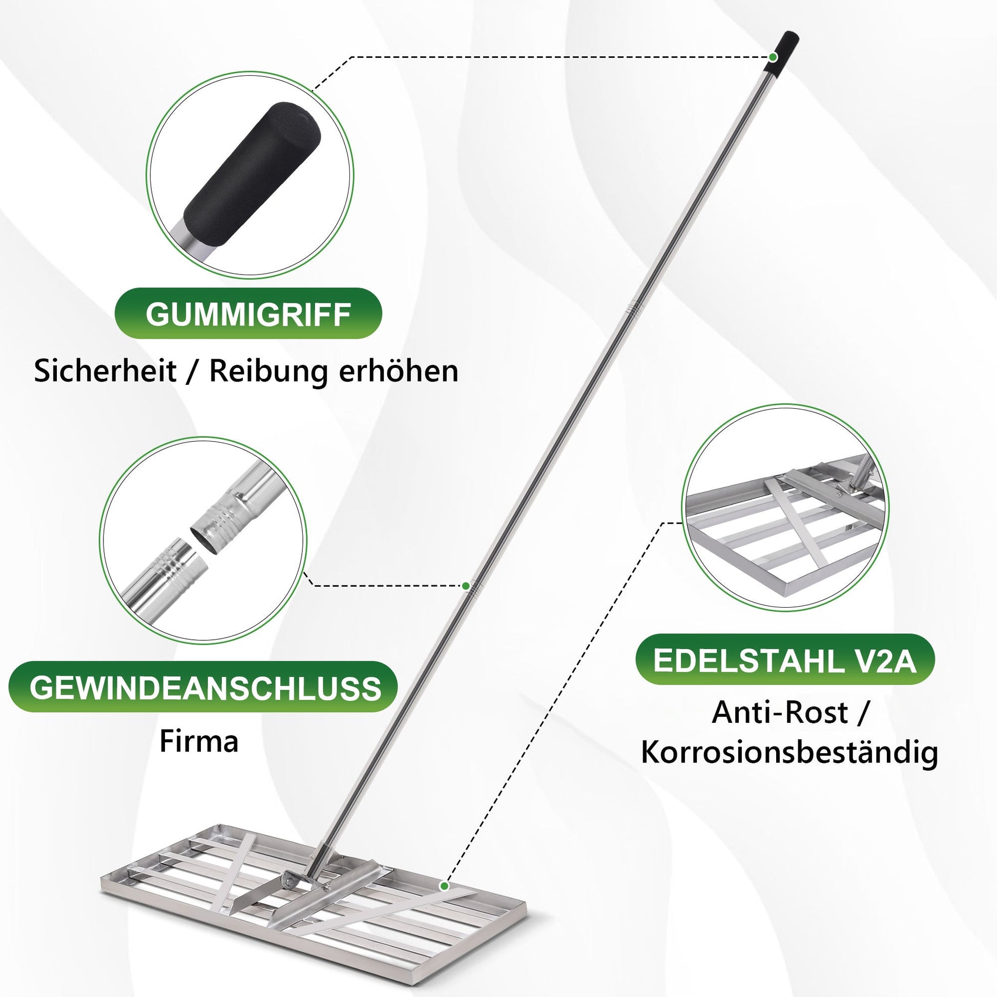 Rasenrakel Edelstahl 85cm – höhenverstellbar 134–200 cm, rostfrei & bis 80 kg belastbar – für Garten, Rasen & Golfplatz
