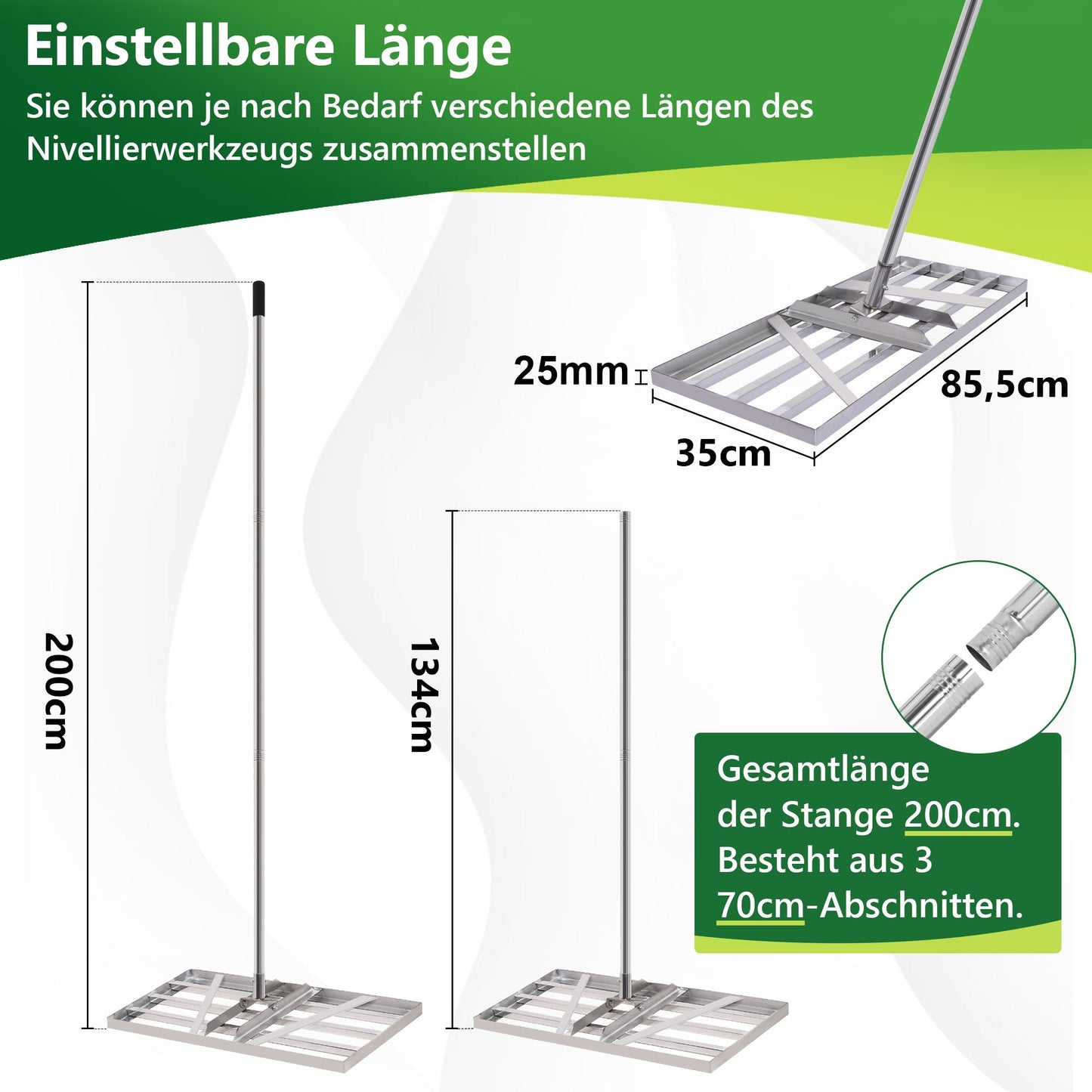 Rasenrakel Edelstahl 85cm – höhenverstellbar 134–200 cm, rostfrei & bis 80 kg belastbar – für Garten, Rasen & Golfplatz