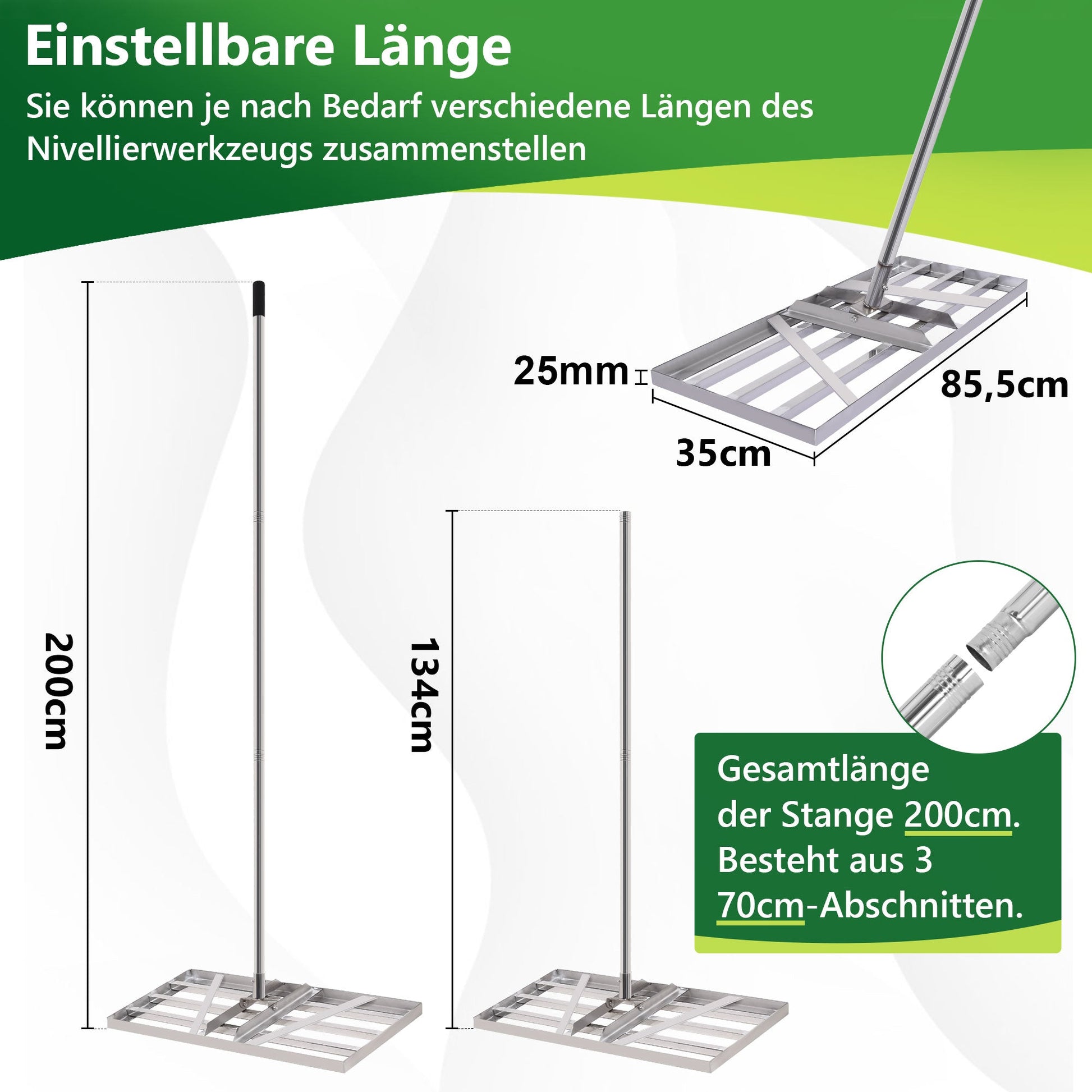 Rasenrakel Edelstahl 85cm – höhenverstellbar 134–200 cm, rostfrei & bis 80 kg belastbar – für Garten, Rasen & Golfplatz