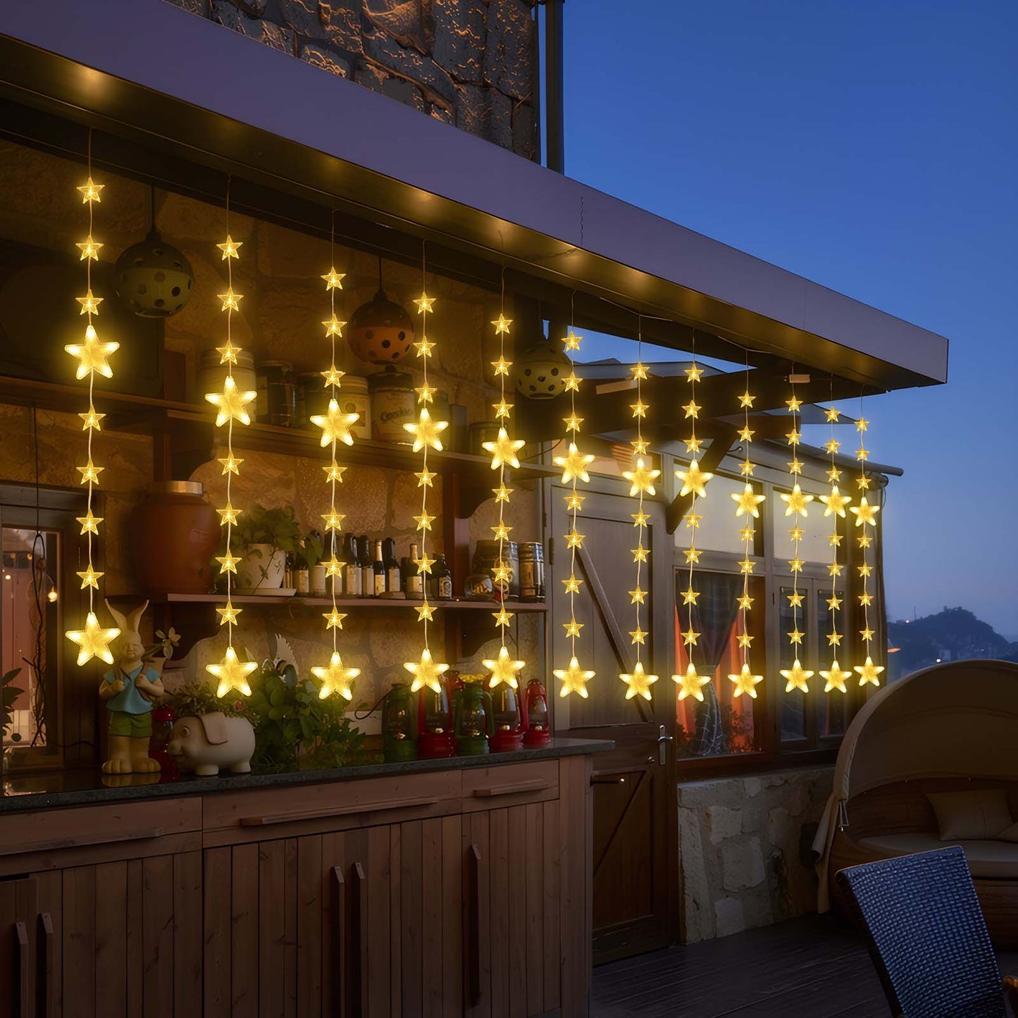 Sterne Lichterkette 2 m, 144 LEDs, Warmweiß, 8 Modi, Timer, IP44, für Innen & Außen