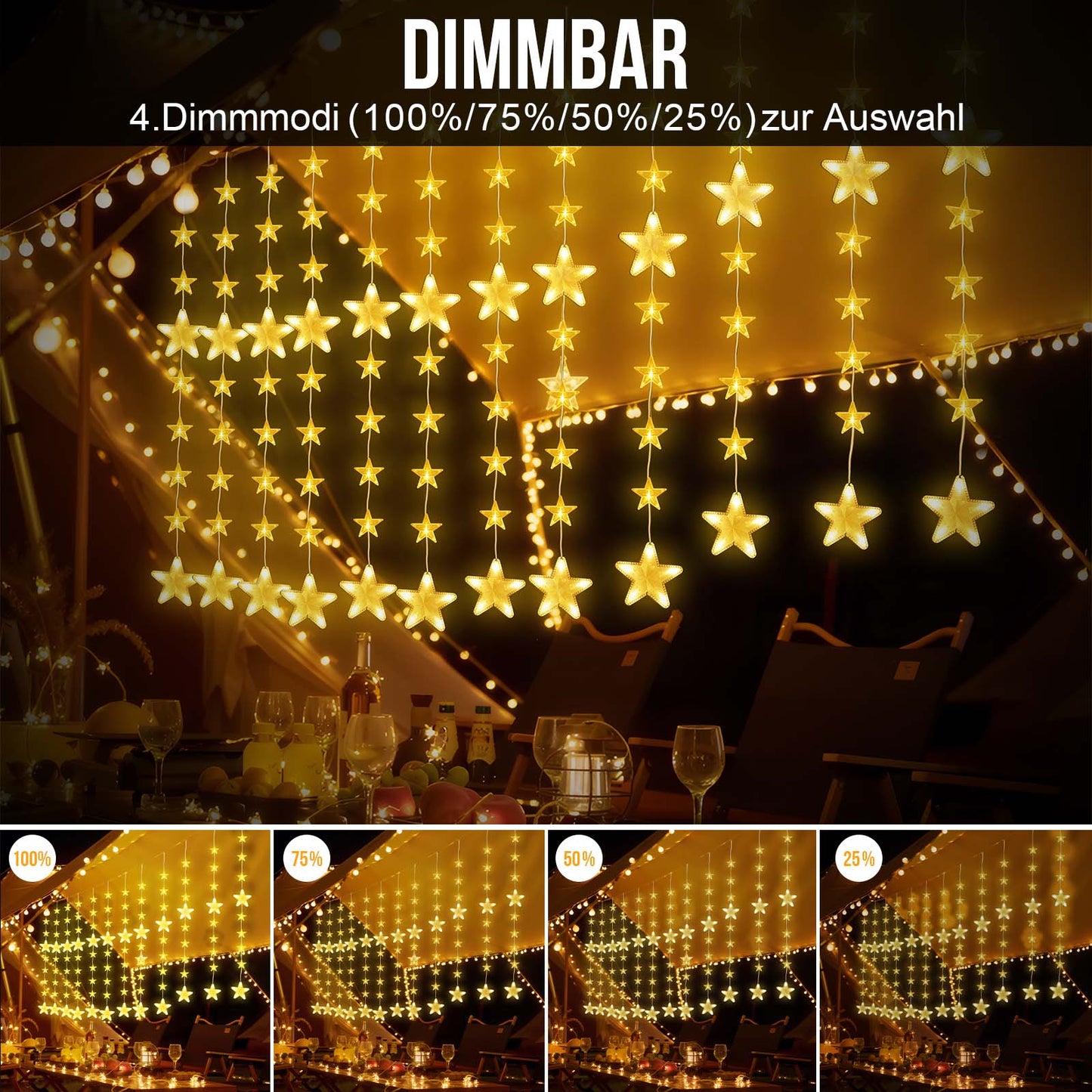 Sterne Lichterkette 2 m, 144 LEDs, Warmweiß, 8 Modi, Timer, IP44, für Innen & Außen
