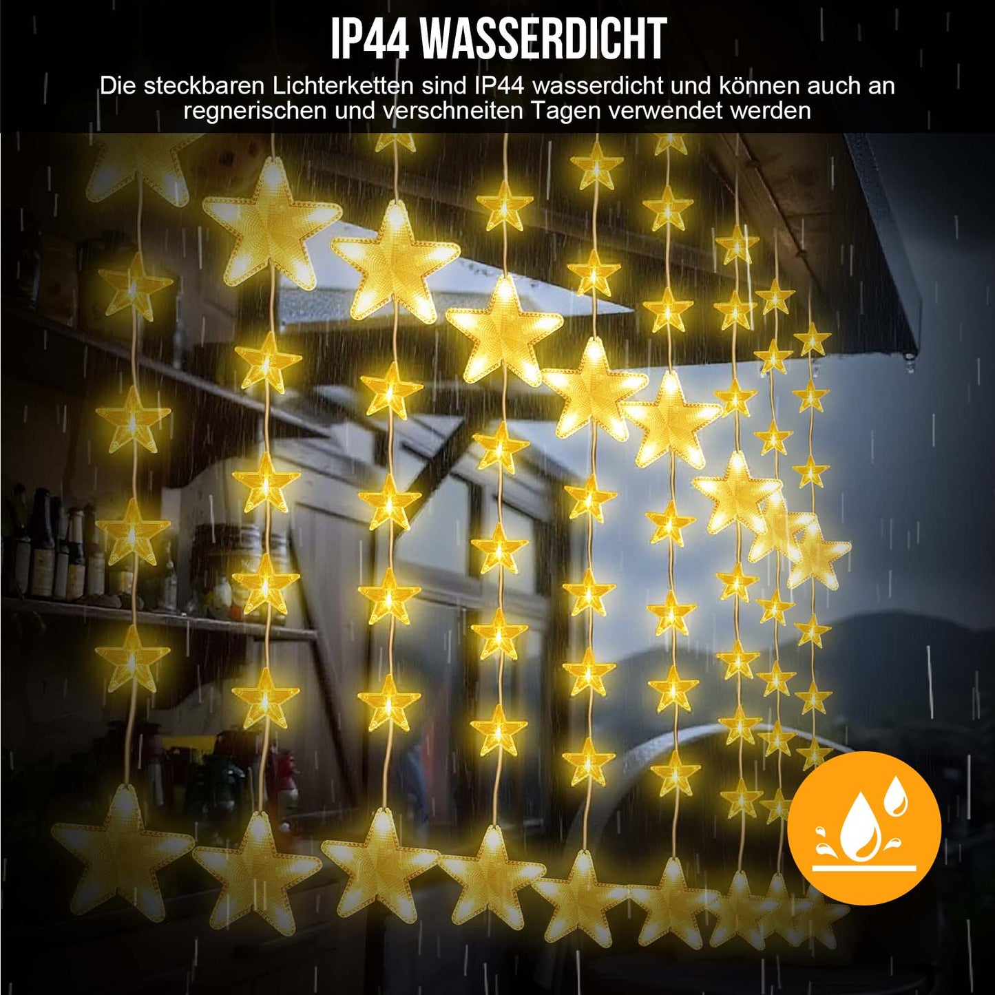 Sterne Lichterkette 2 m, 144 LEDs, Warmweiß, 8 Modi, Timer, IP44, für Innen & Außen