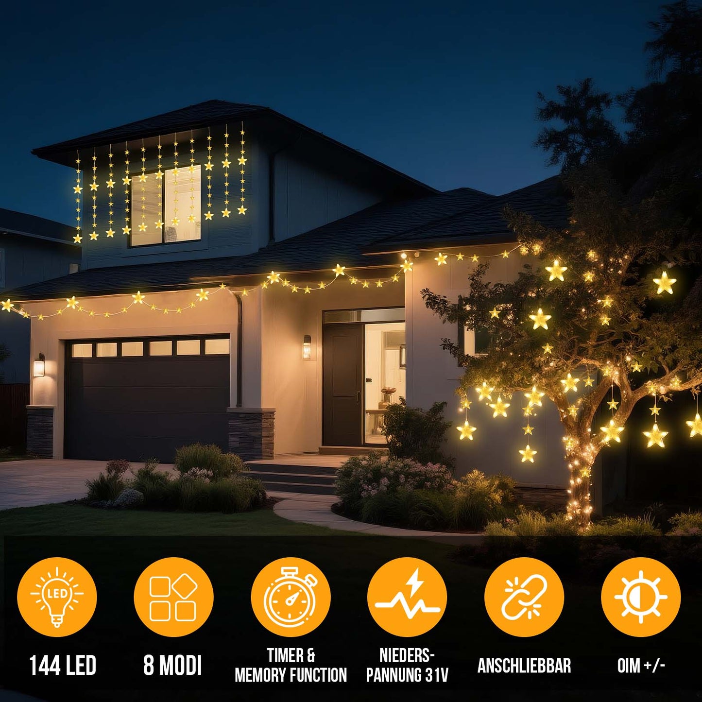 Sterne Lichterkette 2 m, 144 LEDs, Warmweiß, 8 Modi, Timer, IP44, für Innen & Außen