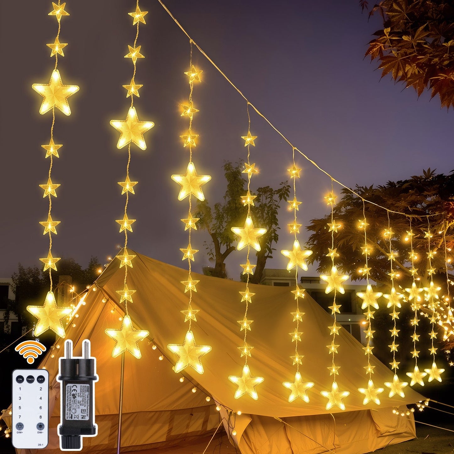 Sterne Lichterkette 2 m, 144 LEDs, Warmweiß, 8 Modi, Timer, IP44, für Innen & Außen