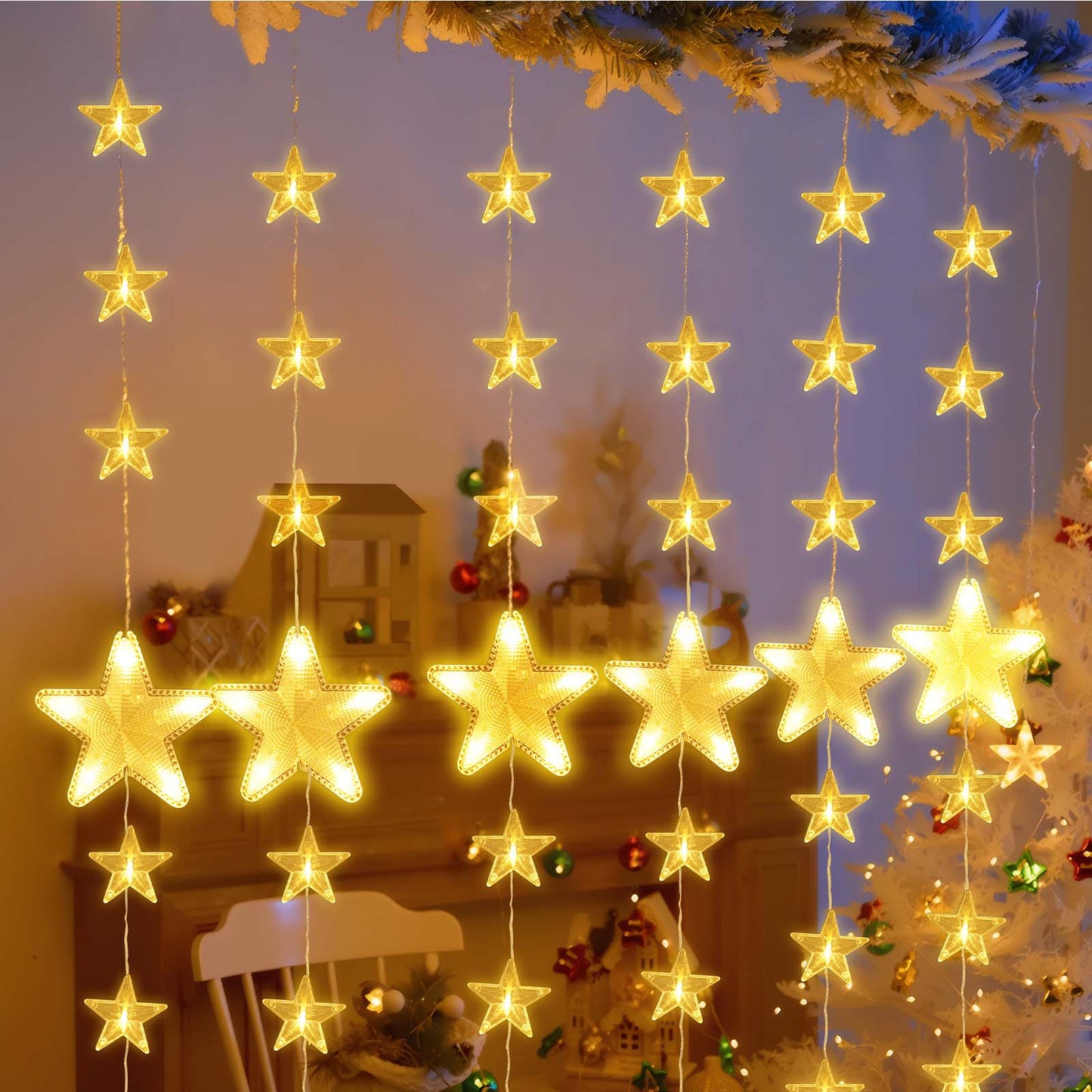 Sterne Lichterkette 2 m, 144 LEDs, Warmweiß, 8 Modi, Timer, IP44, für Innen & Außen