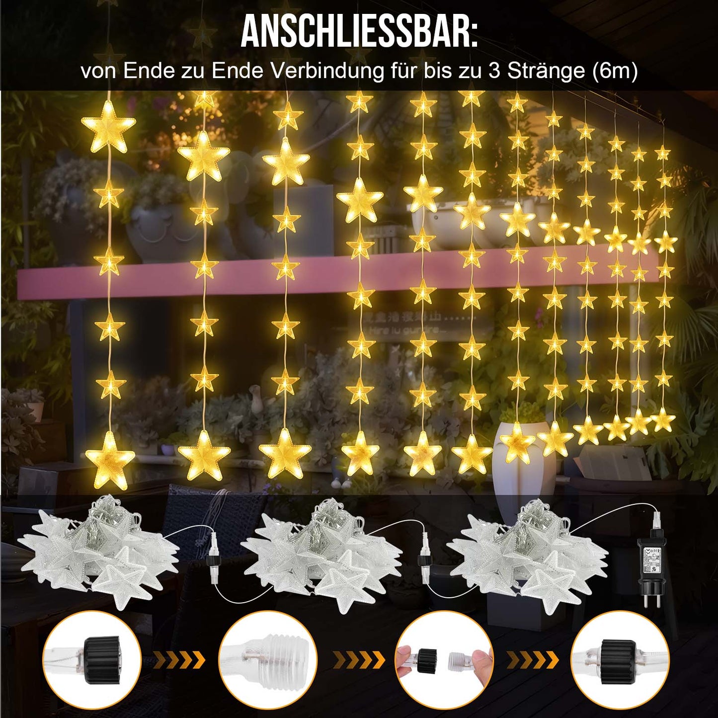 Sterne Lichterkette 2 m, 144 LEDs, Warmweiß, 8 Modi, Timer, IP44, für Innen & Außen