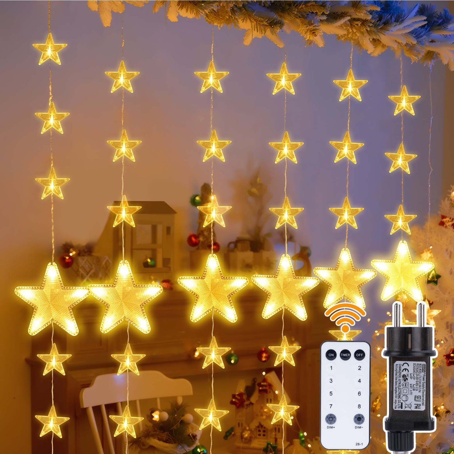 Sterne Lichterkette 2 m, 144 LEDs, Warmweiß, 8 Modi, Timer, IP44, für Innen & Außen
