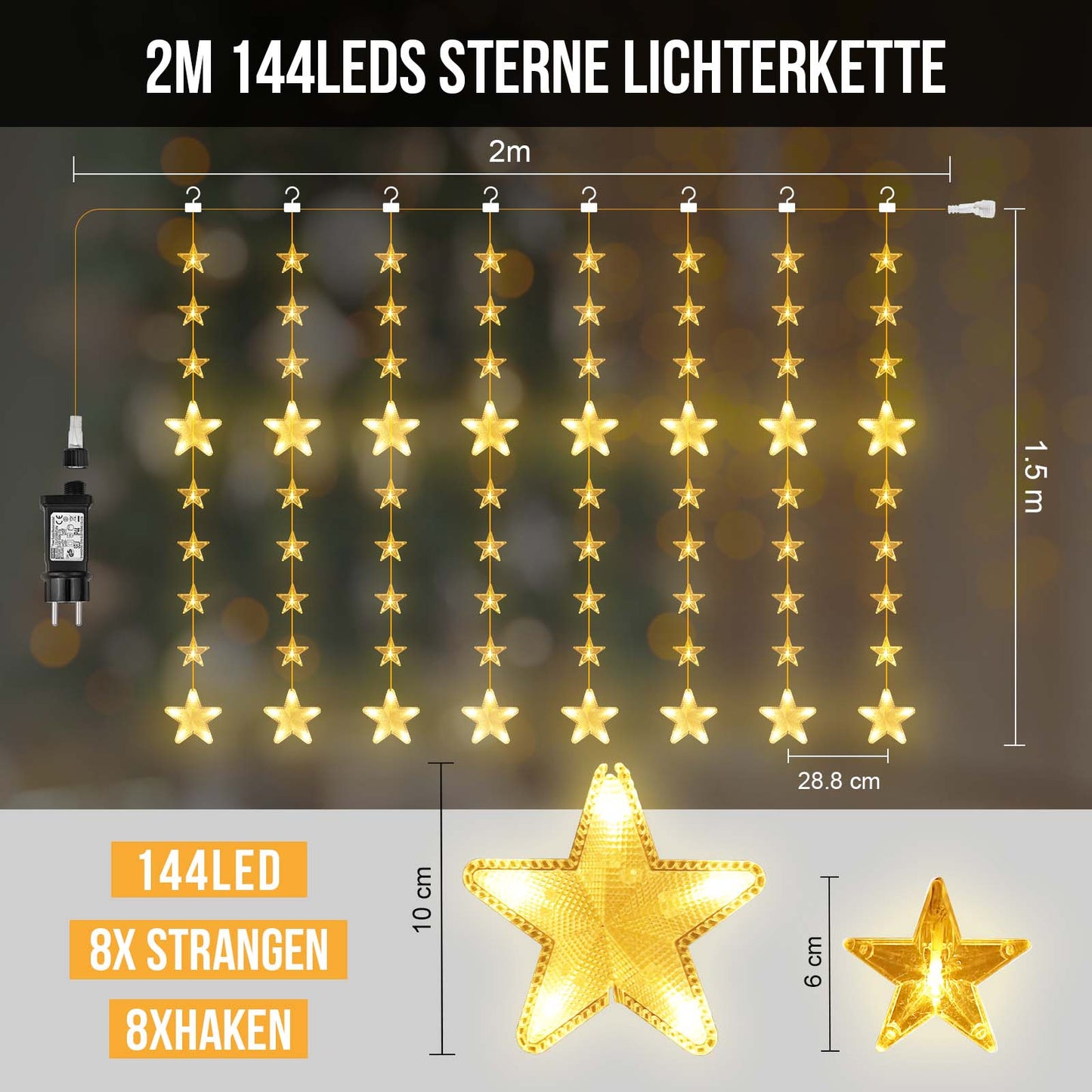 Sterne Lichterkette 2 m, 144 LEDs, Warmweiß, 8 Modi, Timer, IP44, für Innen & Außen