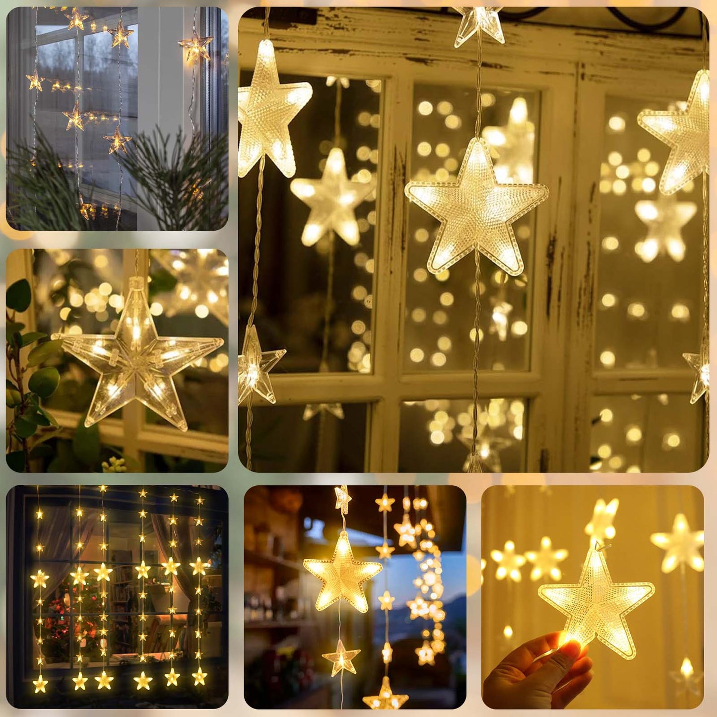 Sterne Lichterkette 2 m, 144 LEDs, Warmweiß, 8 Modi, Timer, IP44, für Innen & Außen