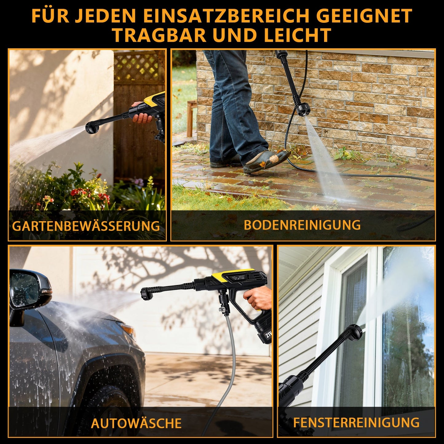 Tragbarer Akku Hochdruckreiniger 45 bar – Kabelloser 300W Wascher mit 6 - in - 1 Sprühdüse, Schaumkessel & 5m Schlauch für Auto und Outdoor