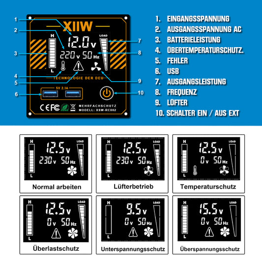 LCD Wechselrichter Spannungswandler | 12V auf 230V | 1000W 2000W | Reiner Sinus