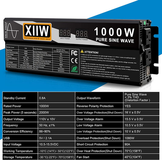 1000W / 2000W | Pure Sine | DC 12V to AC 110V | Power Inverter