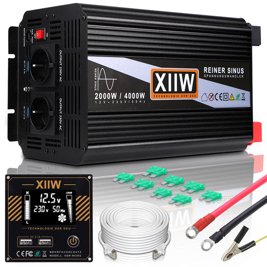 2000W/4000W Reiner Sinus LCD Wechselrichter | 4x USB | 2x Steckdose | 4M Fernbedienung