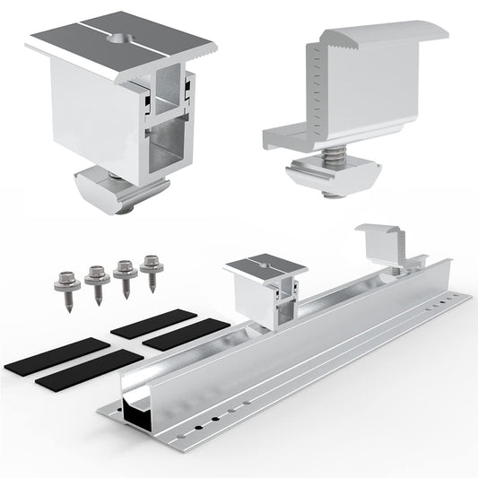 Solar Befestigungssystem End-/Mittelklemme 30-50mm Einstellbar 300/400mm Schiene Halterung für 1-12 x Solarmodul