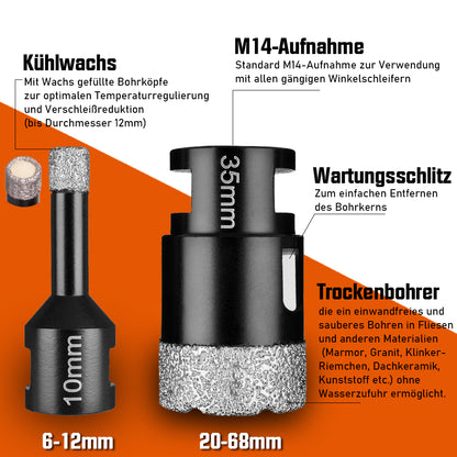 11tlg M14 Diamant Bohrkronen 6/8/10/12/20/35/45/50/68cm + 2 Trennscheibe 125mm - XIIW