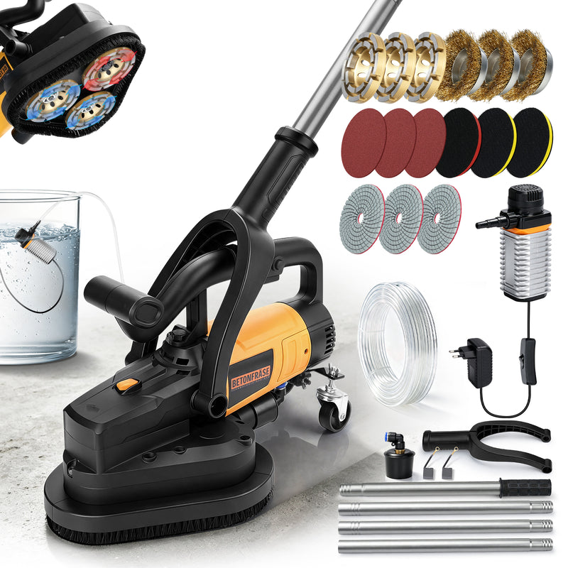 XIIW 3800W Betonschleifer 3-Scheiben, Ø105 mm, 6 Stufen, Nass/Trocken, Staubabsaugung, langer Handgriff
