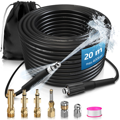 Professioneller Hochdruck-Rohrreinigungsschlauch mit 3 Messingdüsen – kompatibel mit Kärcher, Bosch & Parkside Hochdruckreinigern bis 240 bar