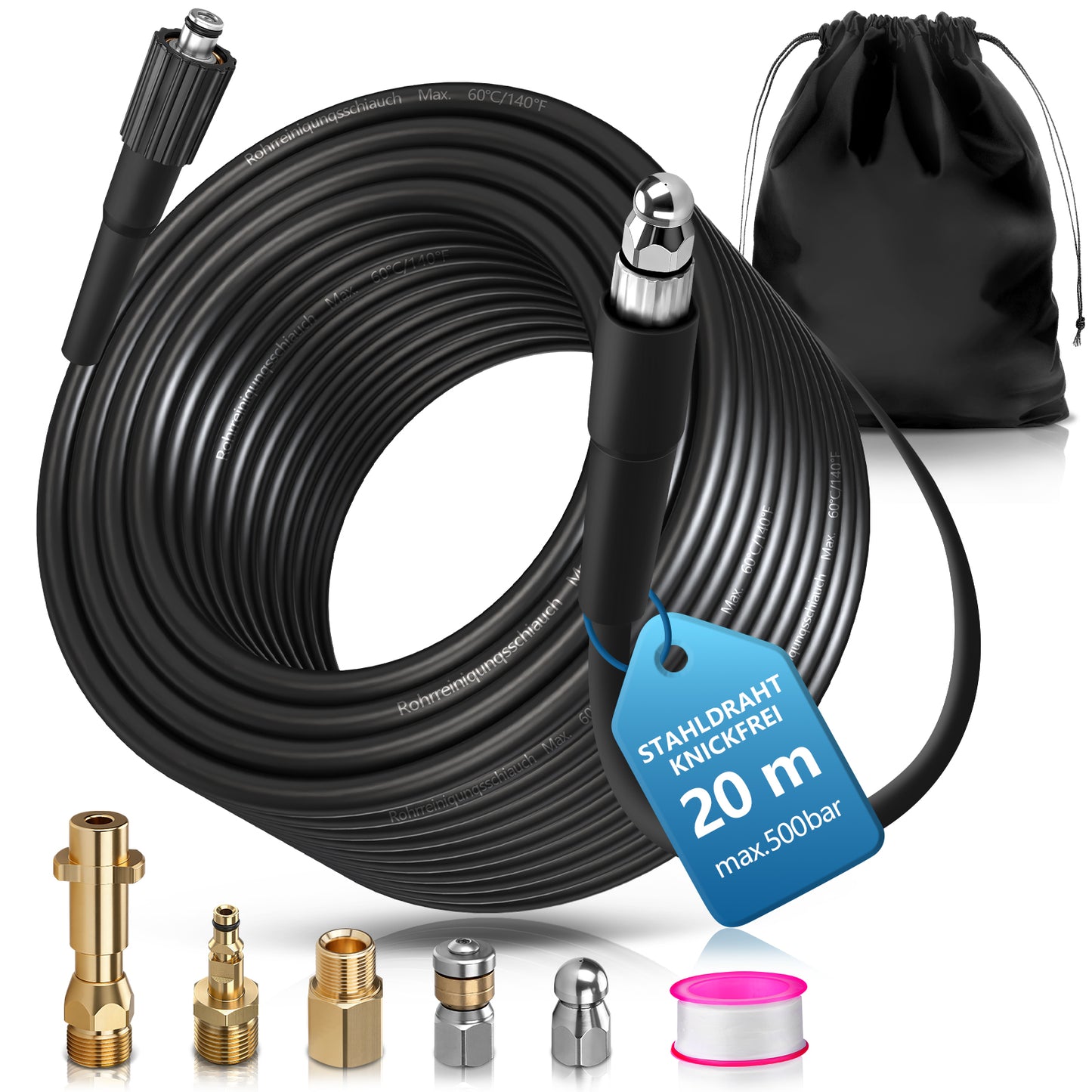 Professioneller Hochdruck-Rohrreinigungsschlauch 4-Schichten-System mit starre & rotierende Düsen, kompatibel mit Kärcher K2-K7, 500 bar