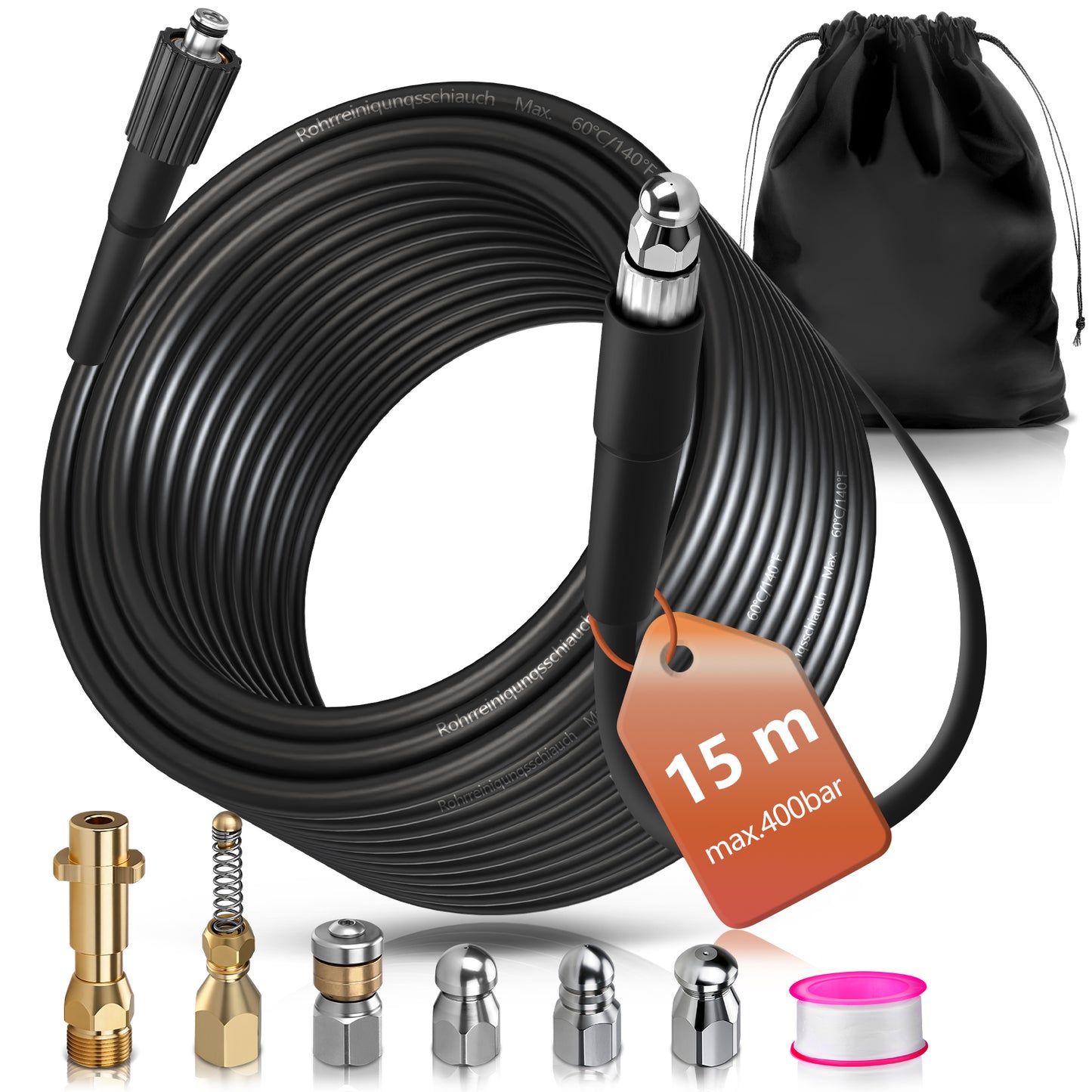 Professioneller Hochdruck-Rohrreinigungsschlauch mit 3-Schichten-System und 5 Düsen für Kärcher K2-K7 Hochdruckreiniger, bis 400 bar Betriebsdruck