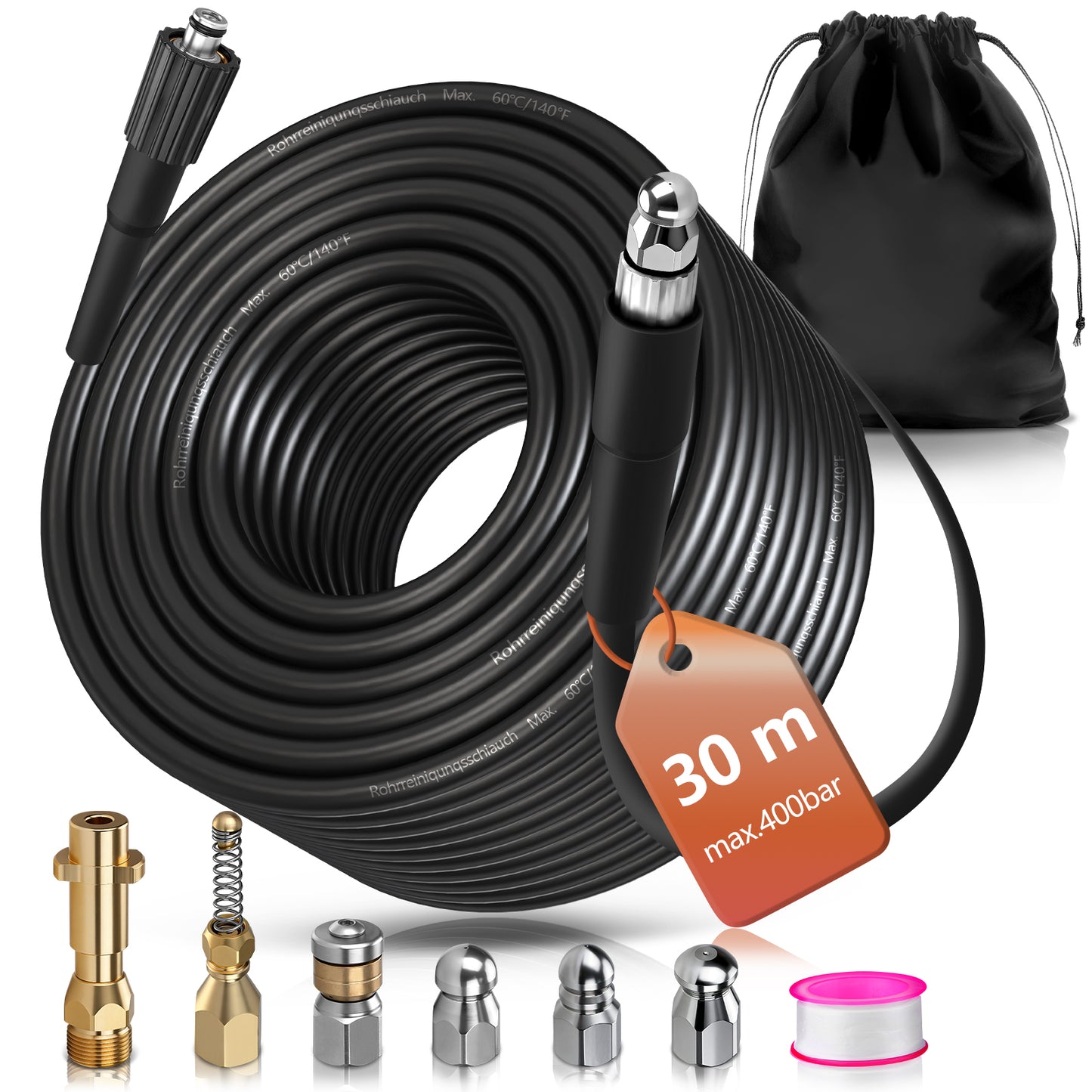 Professioneller Hochdruck-Rohrreinigungsschlauch mit 3-Schichten-System und 5 Düsen für Kärcher K2-K7 Hochdruckreiniger, bis 400 bar Betriebsdruck