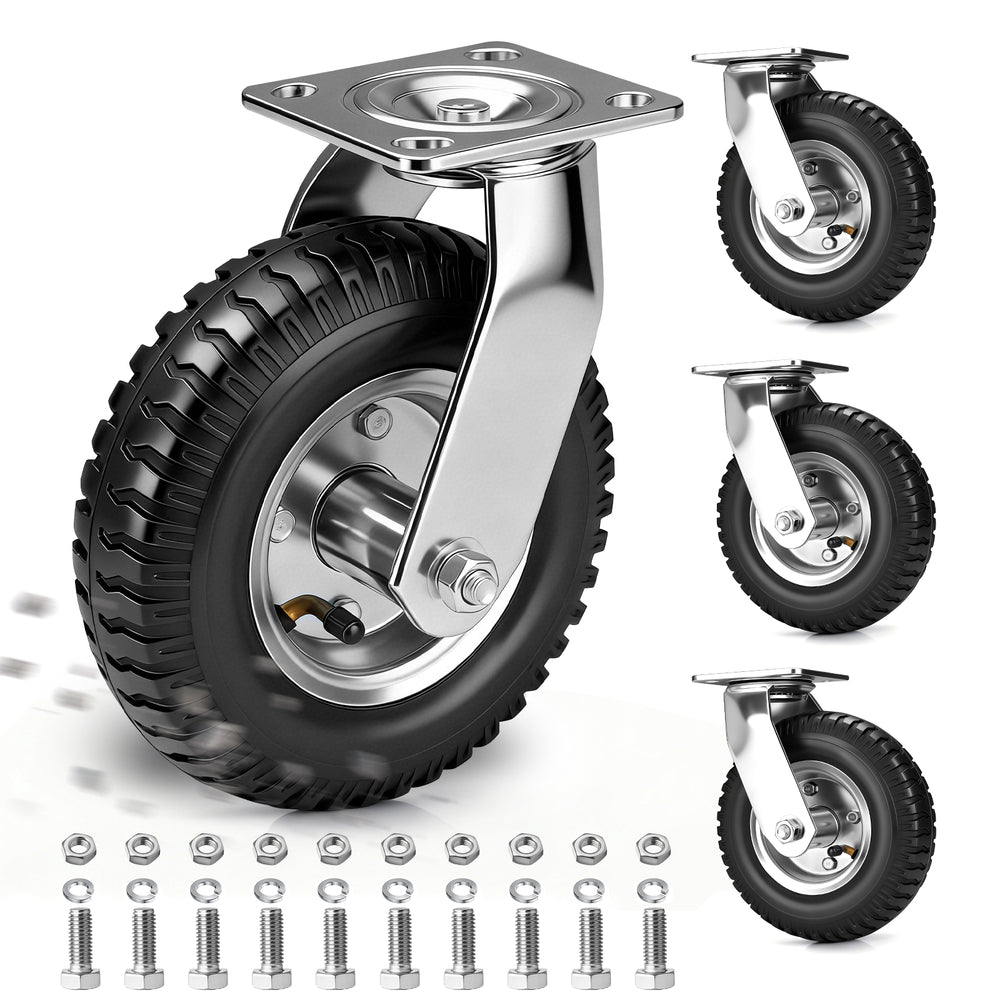 Set van 4 Pneumatische Zwenkwielen 250mm – Zwaarbelastbaar & Geschikt voor Ruw Terrein, Zonder Rem