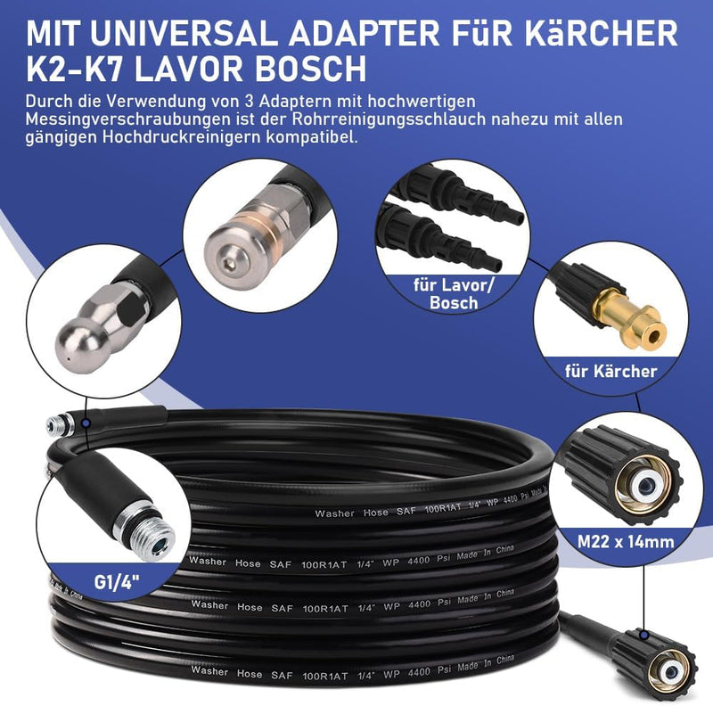 10 - 30M Rohrreinigungsschlauch Max. 240Bar für Kärcher K2 - K7, LAVOR, Bosch Hochdruckreiniger