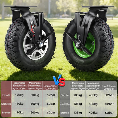10" Universelle Schwerlastrolle 250 mm – 360° drehbar, Luftreifen, 170 kg Tragkraft, für Werkstatt & Transportwagen