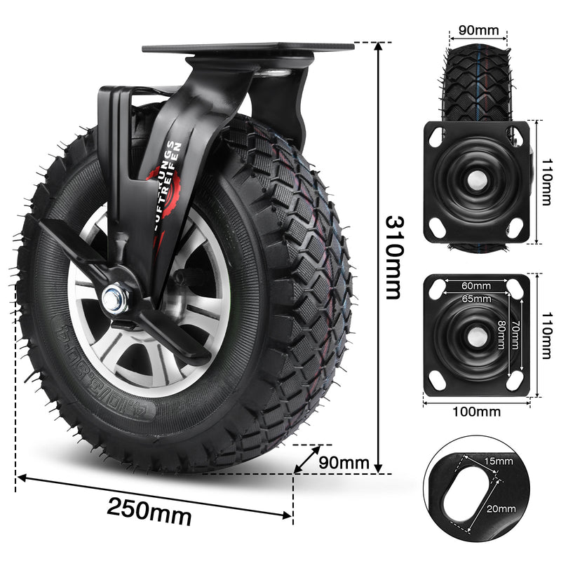 10" Universelle Schwerlastrolle mit Bremse – 360° drehbar, 250 mm Luftreifen, 170 kg Tragkraft, für Werkstatt & Transportwagen