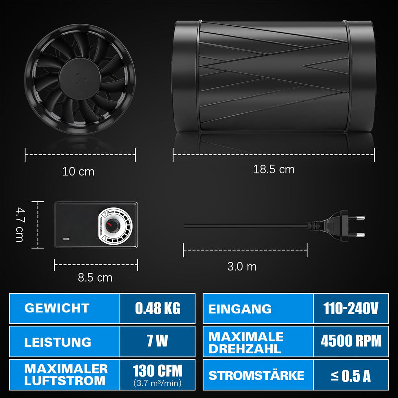 100mm Rohrventilator mit stufenloser Drehzahlregelung – Leiser, energiesparender Abluftventilator für Küche, Bad & kleine Räume