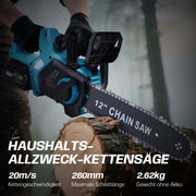 12 - Zoll Akku - Kettensäge – Bürstenloser Motor, Automatische Schmierung & Kettenspannung, Doppelakku 4 Ah
