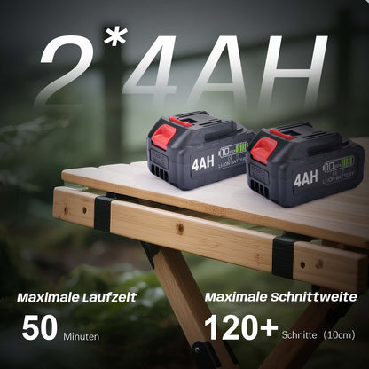 12 - Zoll Akku - Kettensäge – Bürstenloser Motor, Automatische Schmierung & Kettenspannung, Doppelakku 4 Ah