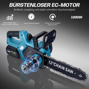 12 - Zoll Akku - Kettensäge – Bürstenloser Motor, Automatische Schmierung & Kettenspannung, Doppelakku 4 Ah