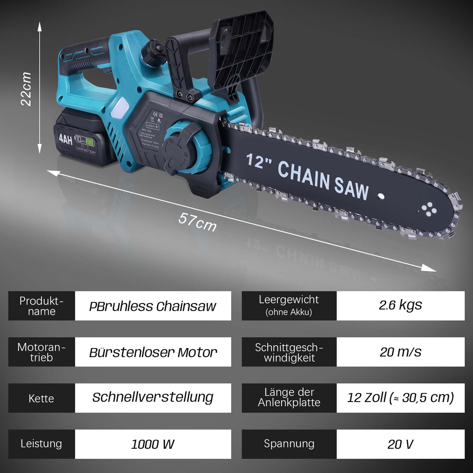 12 - Zoll Akku - Kettensäge – Bürstenloser Motor, Automatische Schmierung & Kettenspannung, Doppelakku 4 Ah