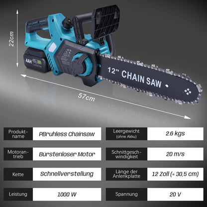12 - Zoll Akku - Kettensäge – Bürstenloser Motor, Automatische Schmierung & Kettenspannung, Doppelakku 4 Ah