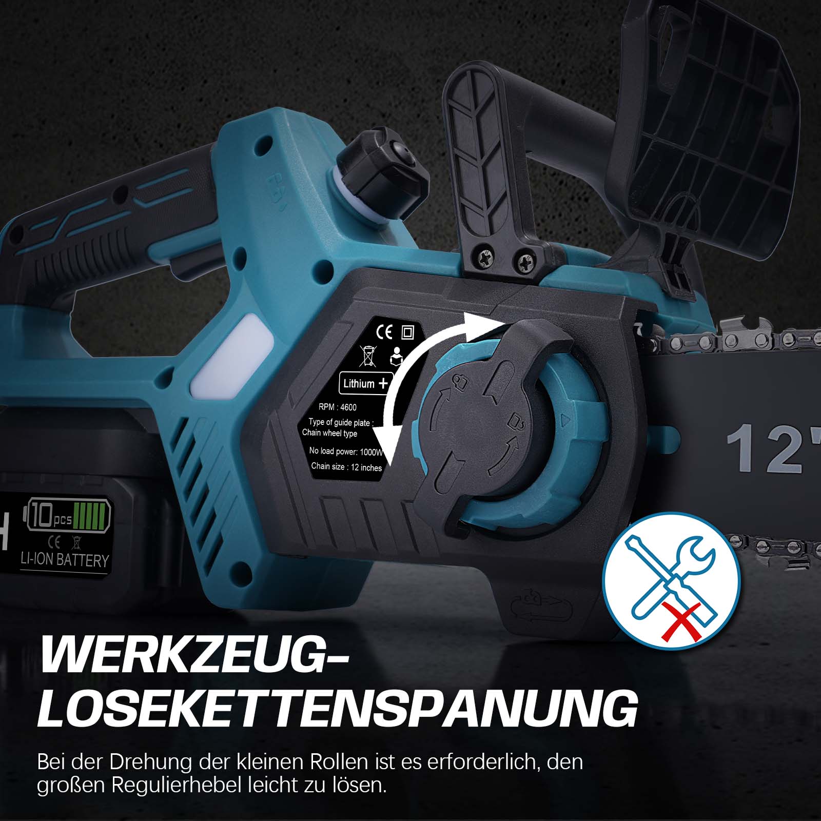 12 - Zoll Akku - Kettensäge – Bürstenloser Motor, Automatische Schmierung & Kettenspannung, Doppelakku 4 Ah