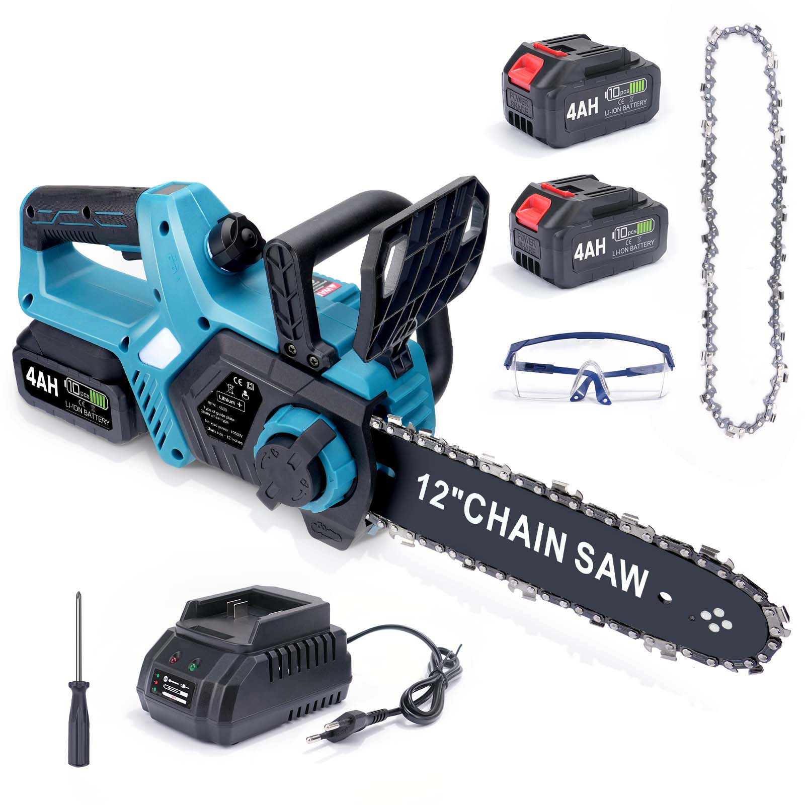 12 - Zoll Akku - Kettensäge – Bürstenloser Motor, Automatische Schmierung & Kettenspannung, Doppelakku 4 Ah