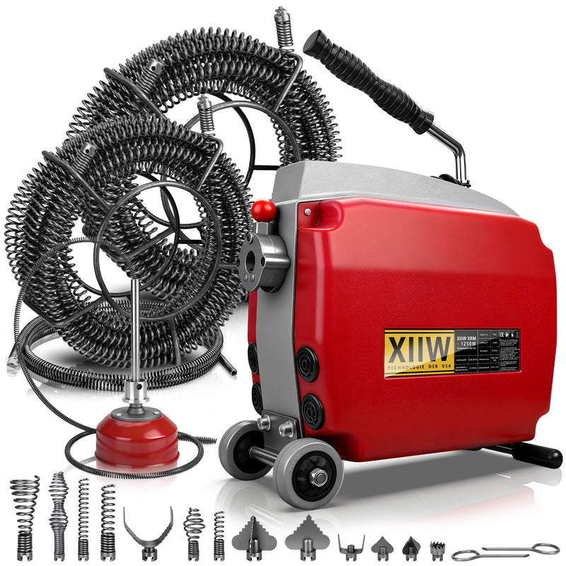 1250W Rohrreinigungsmaschine Elektrisch mit Spiralen Ø10/16/22 mm, Schnellwechsel Schneidkopf, Abflussreiniger für Rohre 20–200 mm