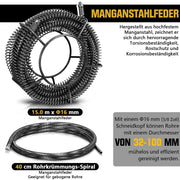 1250W Rohrreinigungsmaschine Elektrisch mit Spiralen Ø10/16/22 mm, Schnellwechsel Schneidkopf, Abflussreiniger für Rohre 20–200 mm
