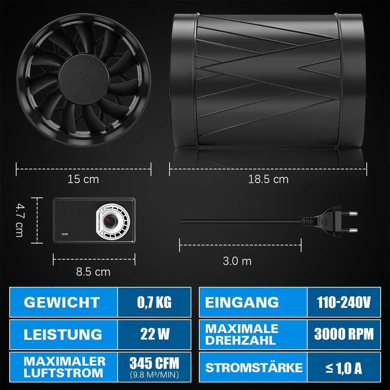 150mm Rohrventilator mit stufenloser Drehzahl – Kraftvoll, leise, 9,8 m³/min Luftstrom für Garage & Keller