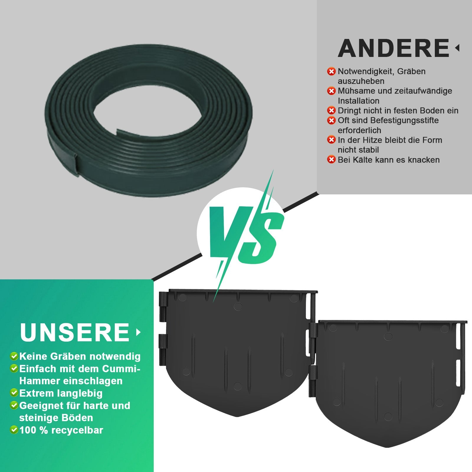 180 Stück Gartenrandstein Kunststoff Set – recyceltes PA66 GF30, UV - und frostbeständig, Stecksystem für Blumenbeete, Wege & Rasenflächen